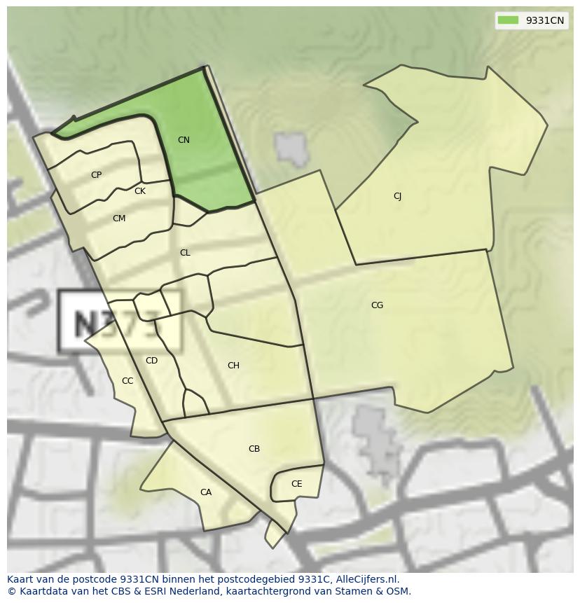 Afbeelding van het postcodegebied 9331 CN op de kaart.