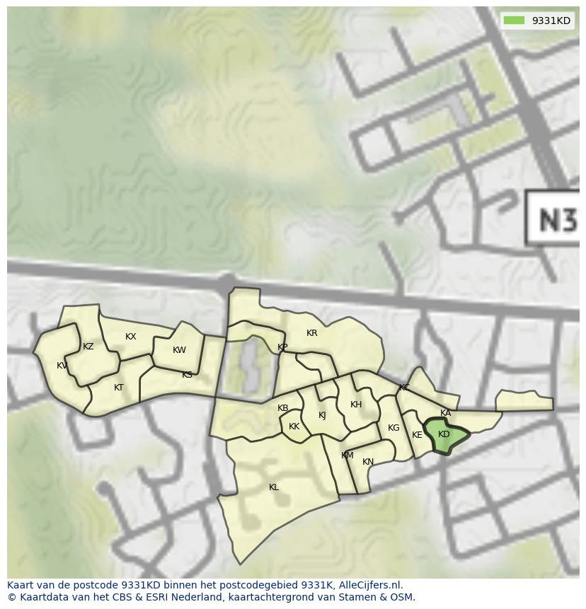 Afbeelding van het postcodegebied 9331 KD op de kaart.