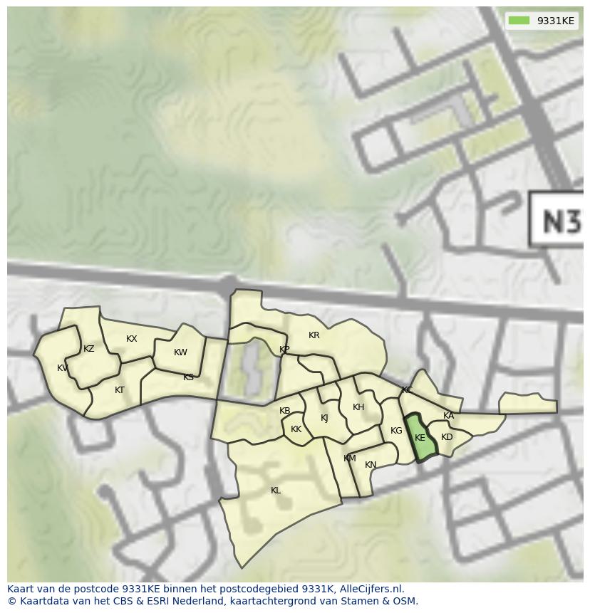 Afbeelding van het postcodegebied 9331 KE op de kaart.