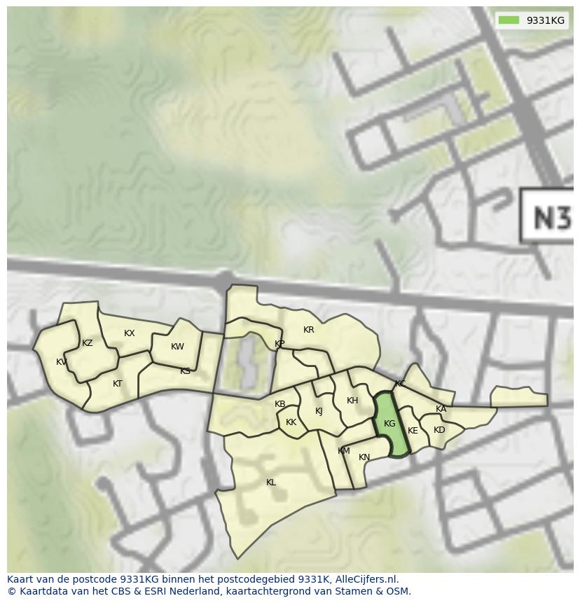Afbeelding van het postcodegebied 9331 KG op de kaart.