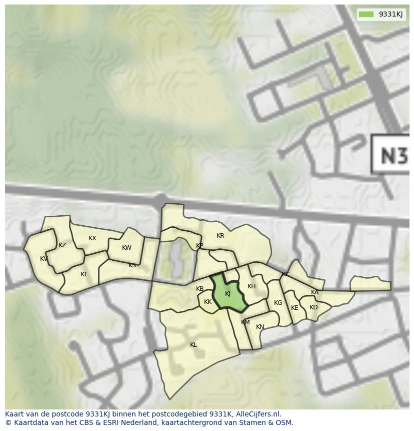 Afbeelding van het postcodegebied 9331 KJ op de kaart.