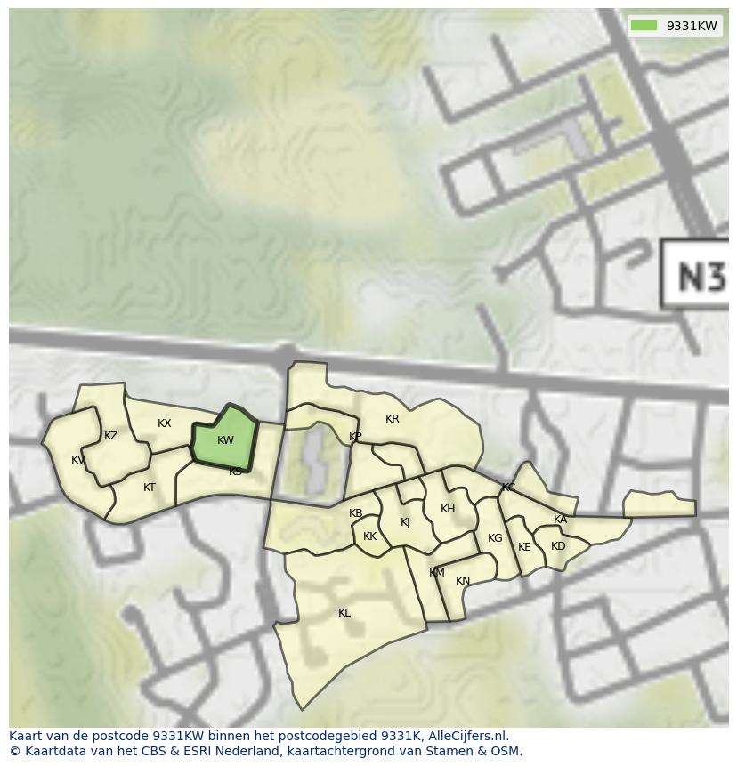 Afbeelding van het postcodegebied 9331 KW op de kaart.