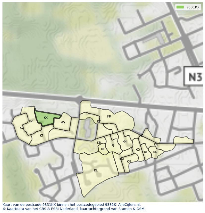 Afbeelding van het postcodegebied 9331 KX op de kaart.