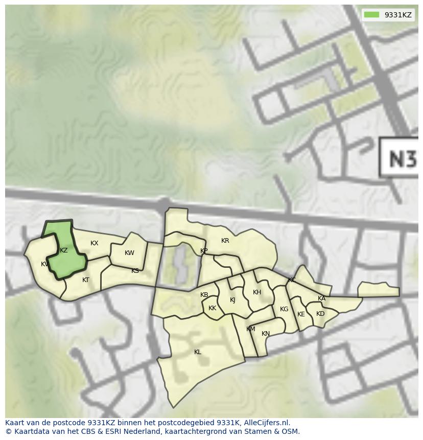 Afbeelding van het postcodegebied 9331 KZ op de kaart.