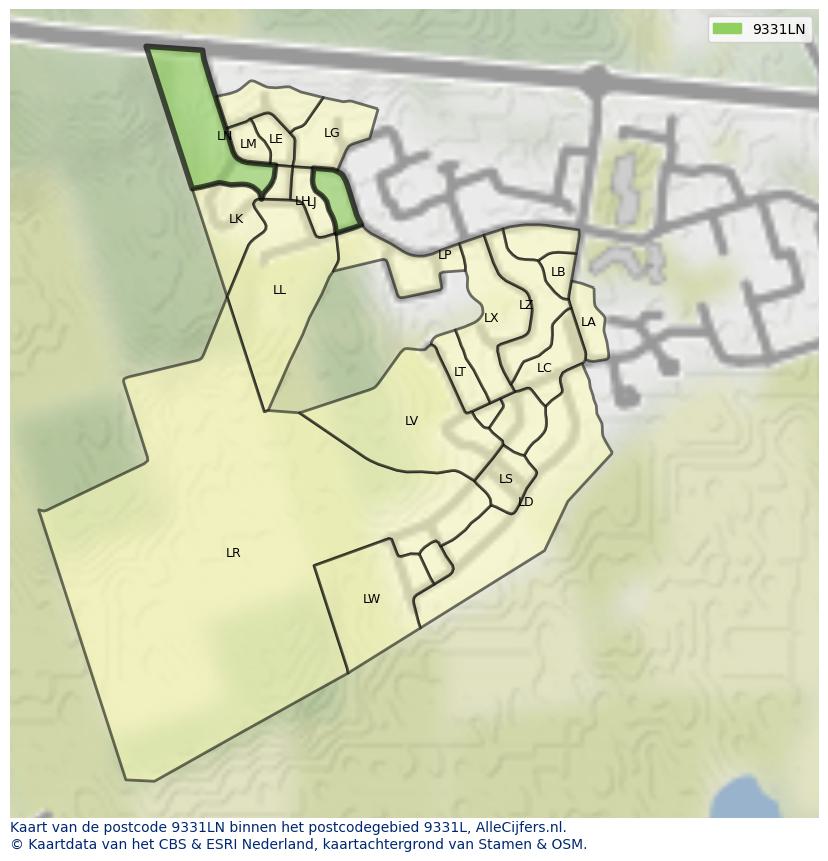 Afbeelding van het postcodegebied 9331 LN op de kaart.