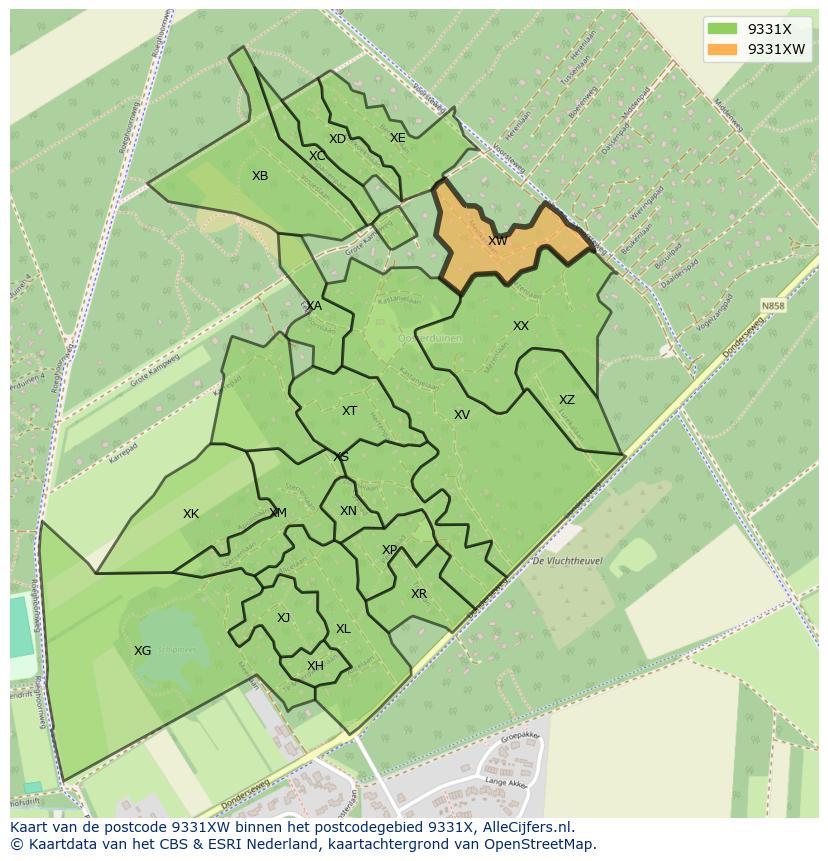 Afbeelding van het postcodegebied 9331 XW op de kaart.