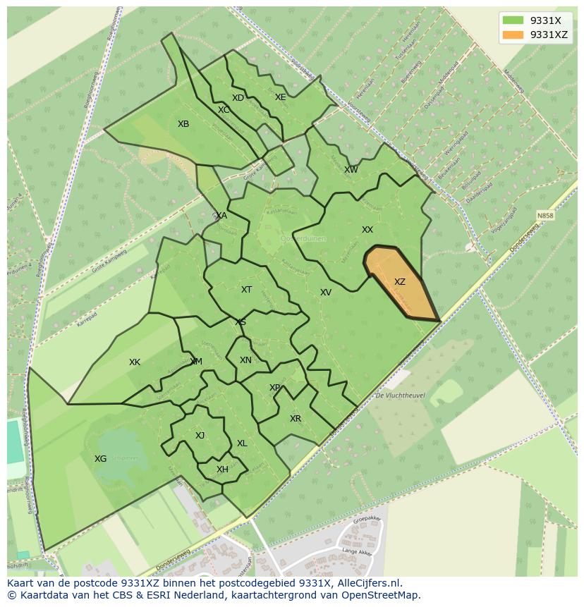 Afbeelding van het postcodegebied 9331 XZ op de kaart.