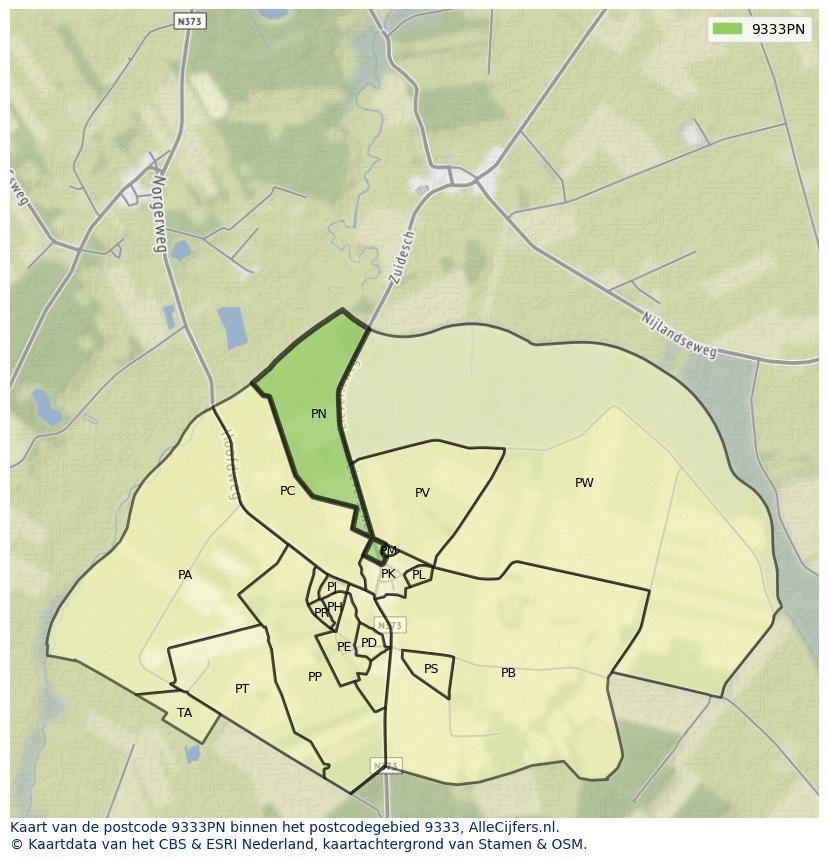 Afbeelding van het postcodegebied 9333 PN op de kaart.