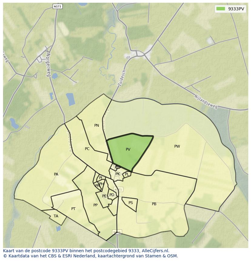 Afbeelding van het postcodegebied 9333 PV op de kaart.