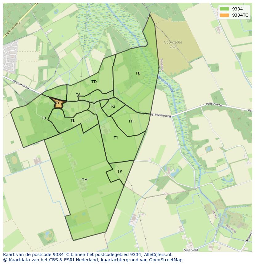 Afbeelding van het postcodegebied 9334 TC op de kaart.