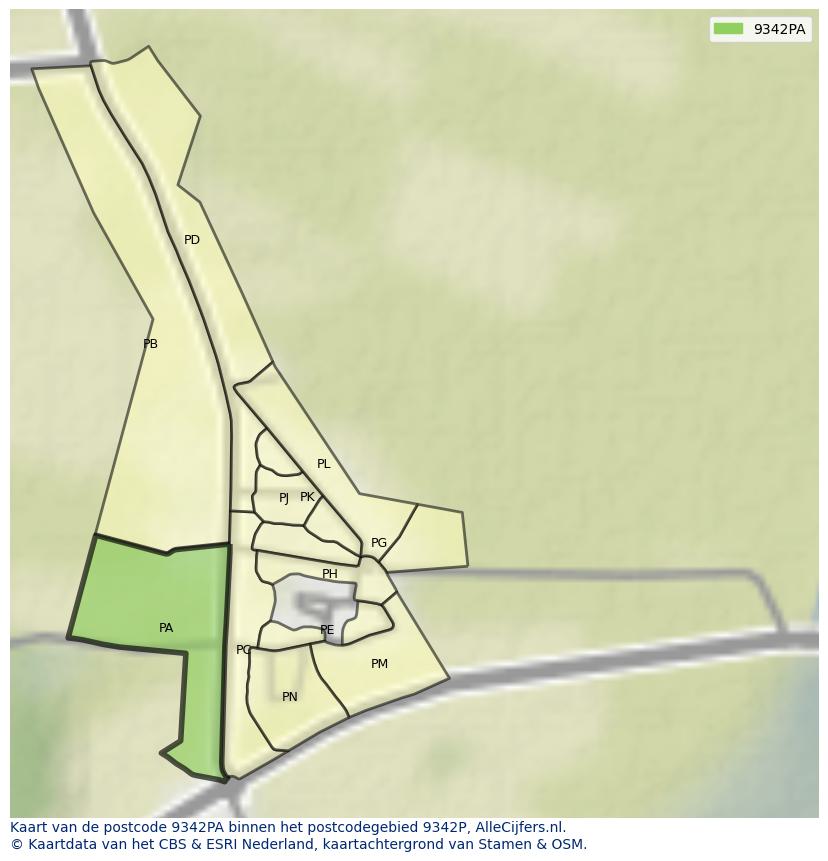 Afbeelding van het postcodegebied 9342 PA op de kaart.