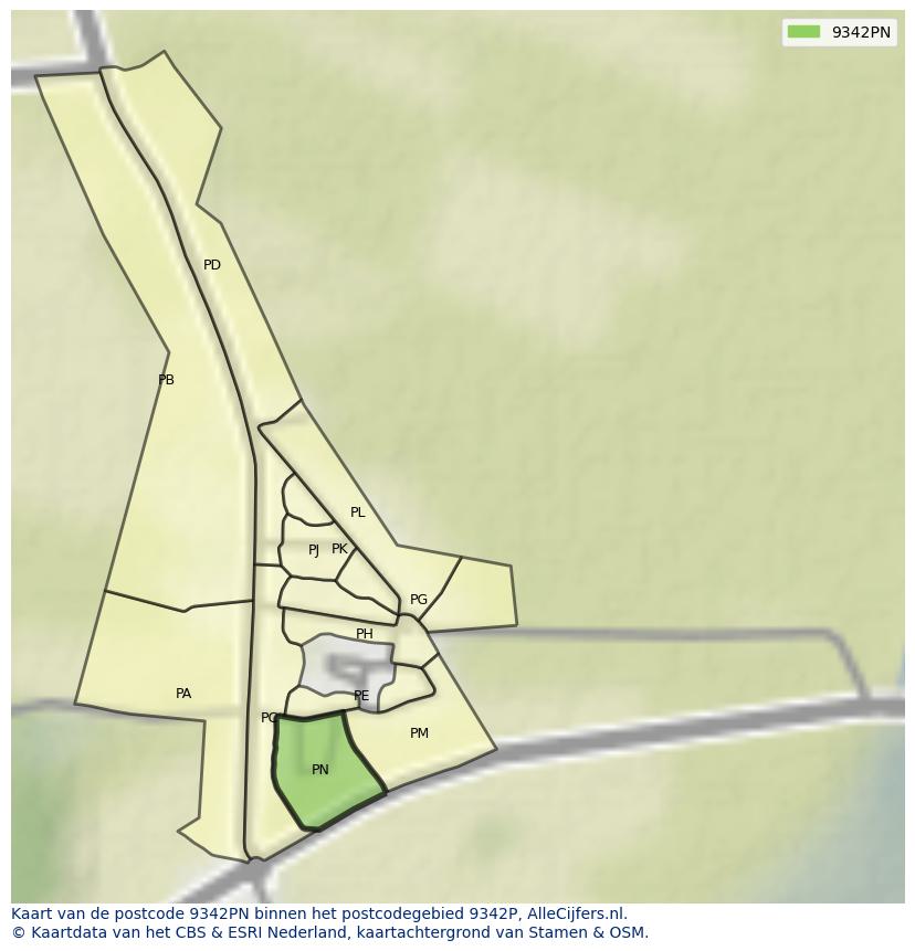 Afbeelding van het postcodegebied 9342 PN op de kaart.