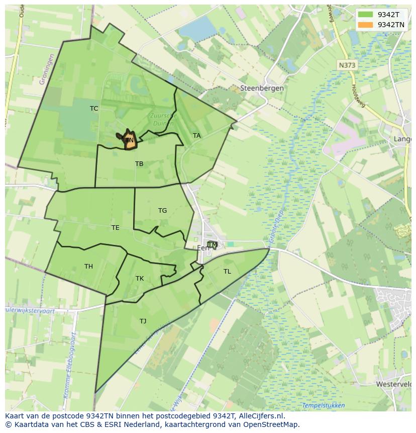 Afbeelding van het postcodegebied 9342 TN op de kaart.