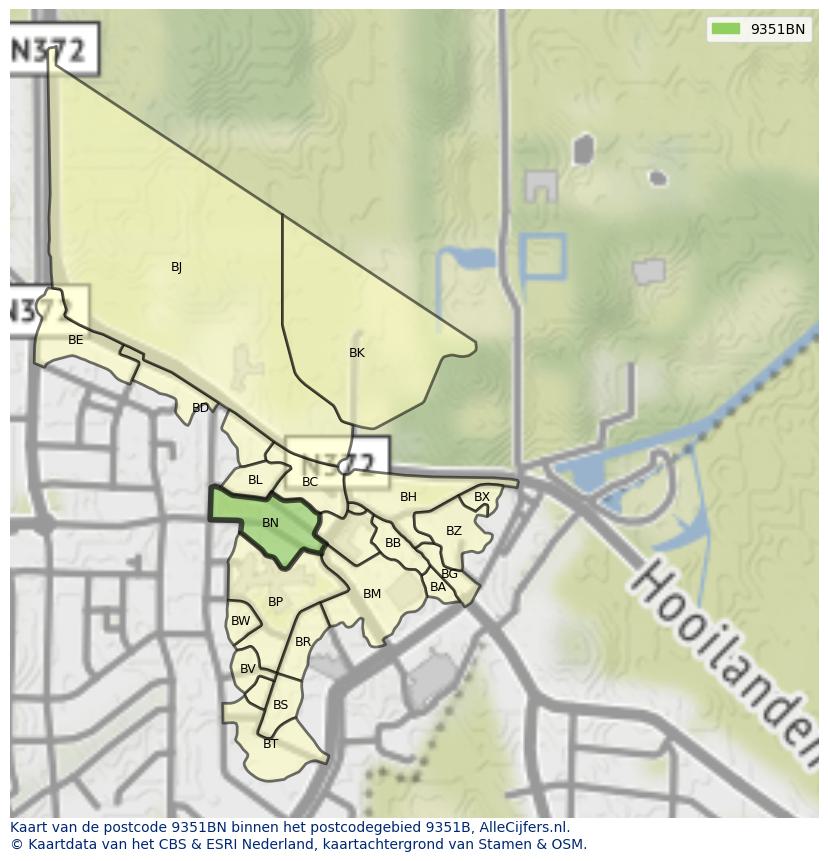 Afbeelding van het postcodegebied 9351 BN op de kaart.