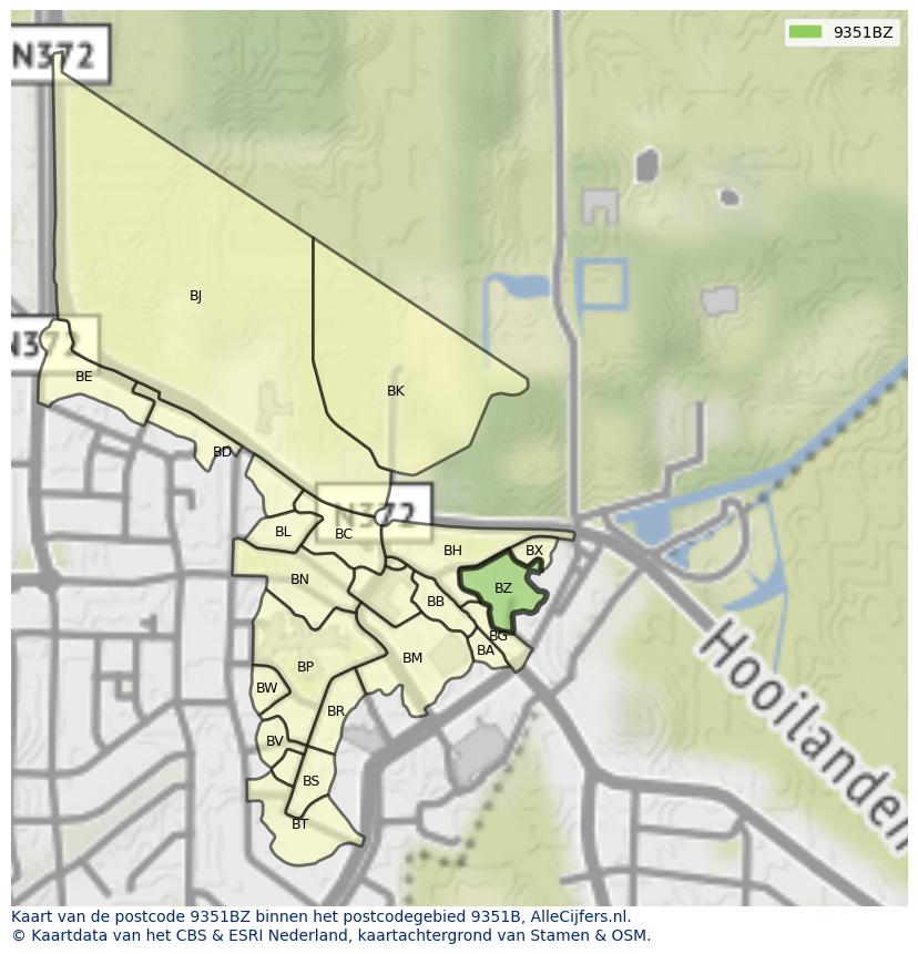 Afbeelding van het postcodegebied 9351 BZ op de kaart.