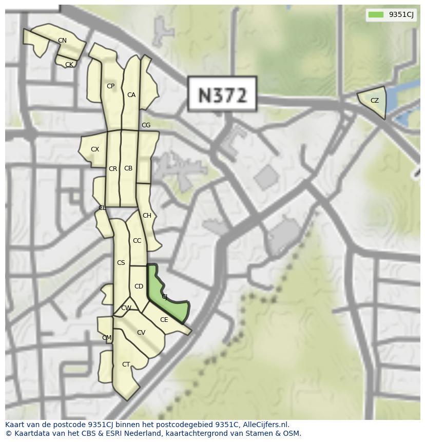 Afbeelding van het postcodegebied 9351 CJ op de kaart.