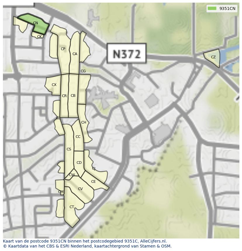 Afbeelding van het postcodegebied 9351 CN op de kaart.