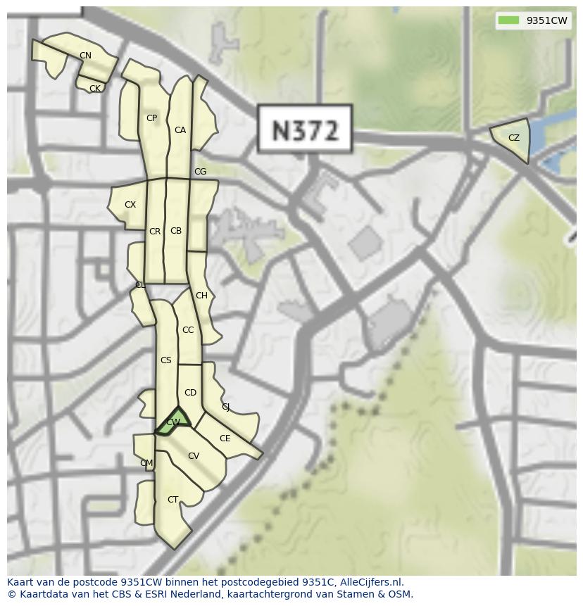 Afbeelding van het postcodegebied 9351 CW op de kaart.