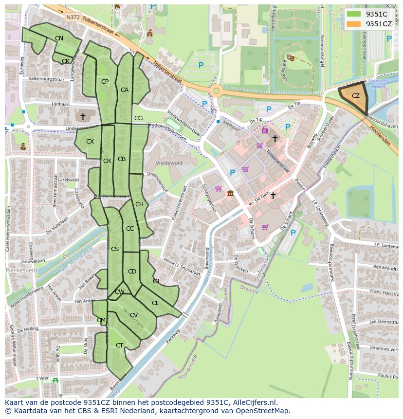 Afbeelding van het postcodegebied 9351 CZ op de kaart.