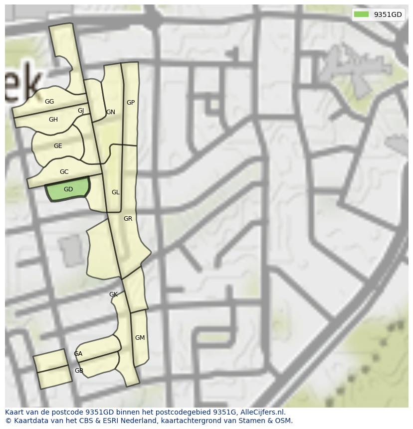 Afbeelding van het postcodegebied 9351 GD op de kaart.