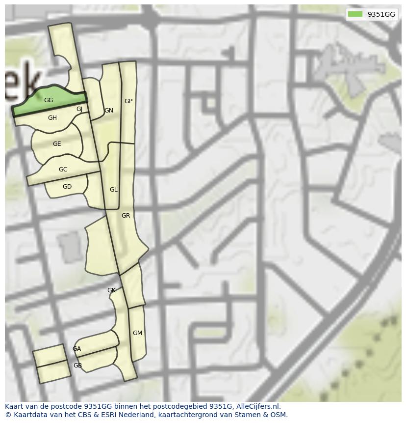 Afbeelding van het postcodegebied 9351 GG op de kaart.