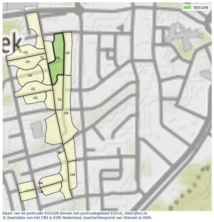 Afbeelding van het postcodegebied 9351 GN op de kaart.
