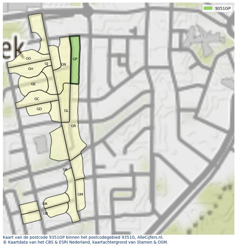 Afbeelding van het postcodegebied 9351 GP op de kaart.