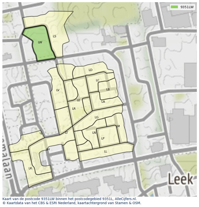 Afbeelding van het postcodegebied 9351 LW op de kaart.