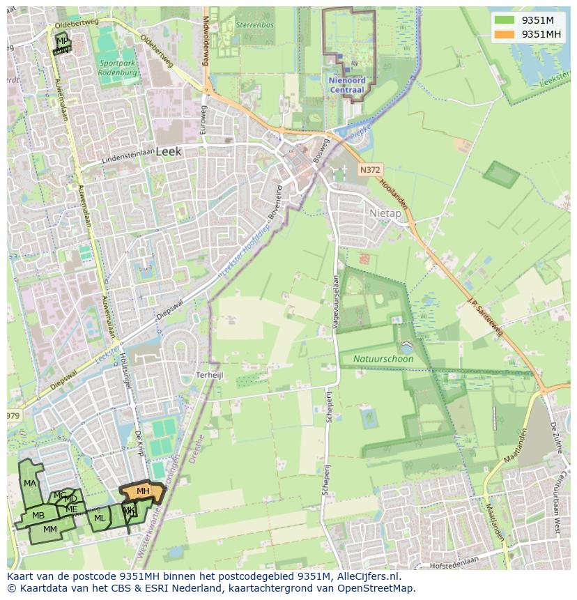 Afbeelding van het postcodegebied 9351 MH op de kaart.