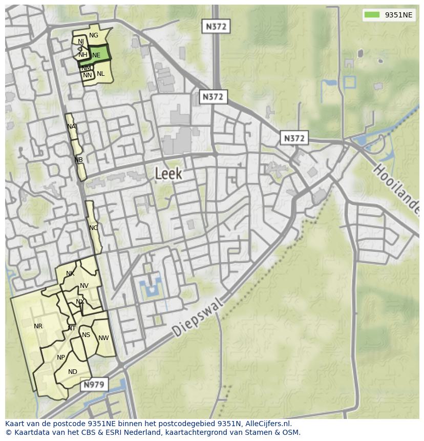 Afbeelding van het postcodegebied 9351 NE op de kaart.