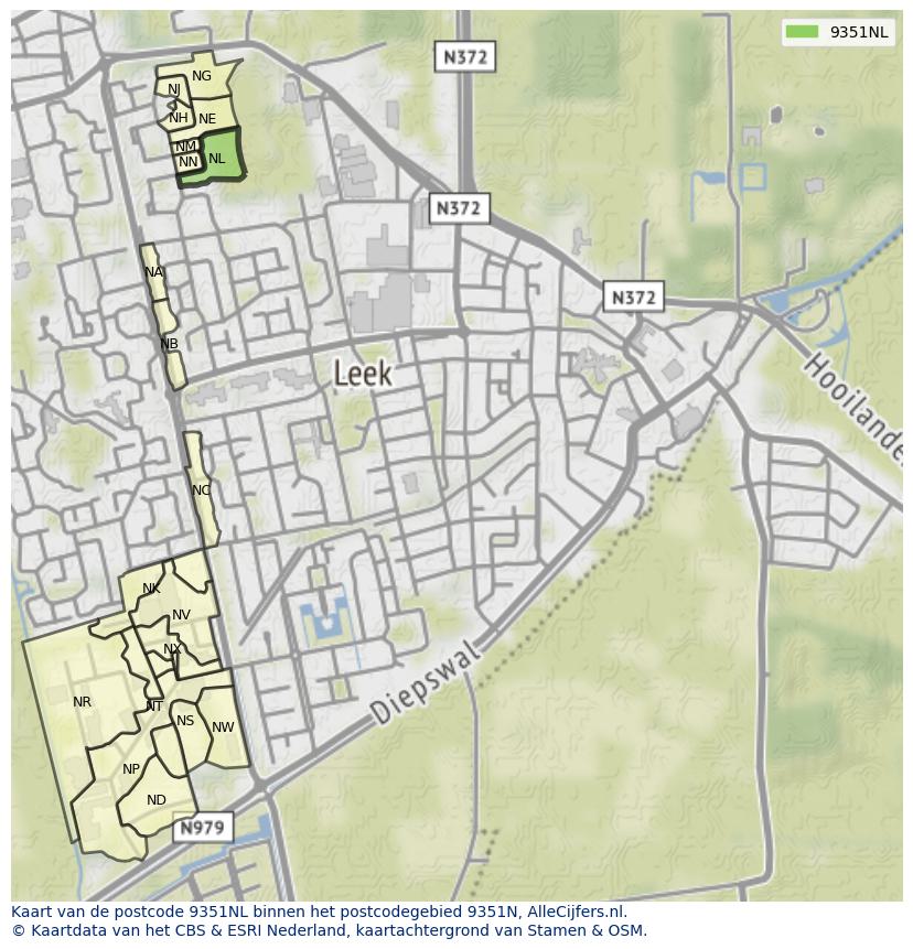 Afbeelding van het postcodegebied 9351 NL op de kaart.