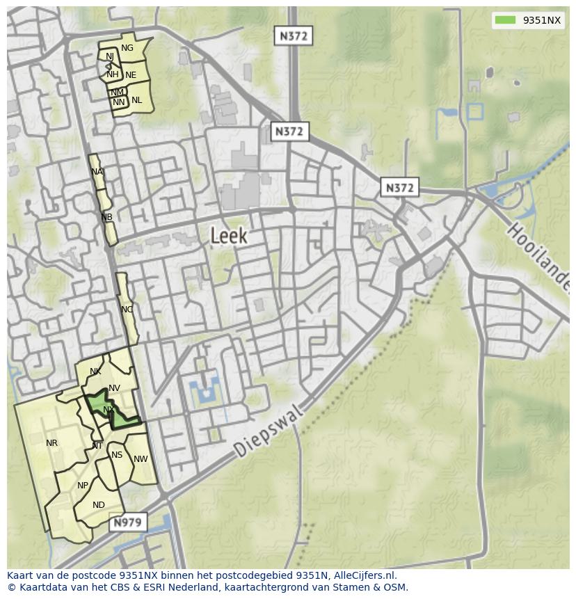 Afbeelding van het postcodegebied 9351 NX op de kaart.