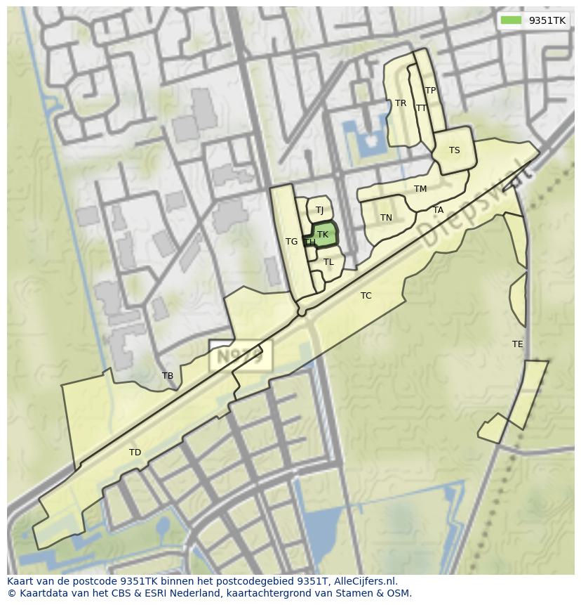 Afbeelding van het postcodegebied 9351 TK op de kaart.
