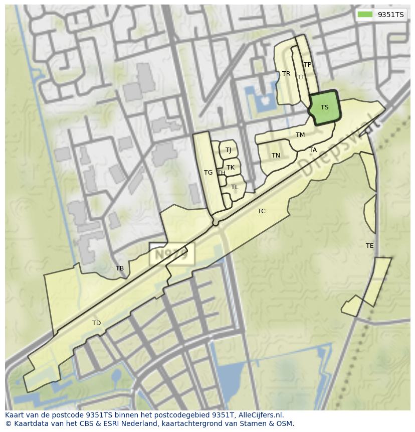 Afbeelding van het postcodegebied 9351 TS op de kaart.