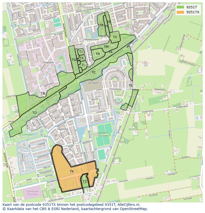 Afbeelding van het postcodegebied 9351 TX op de kaart.