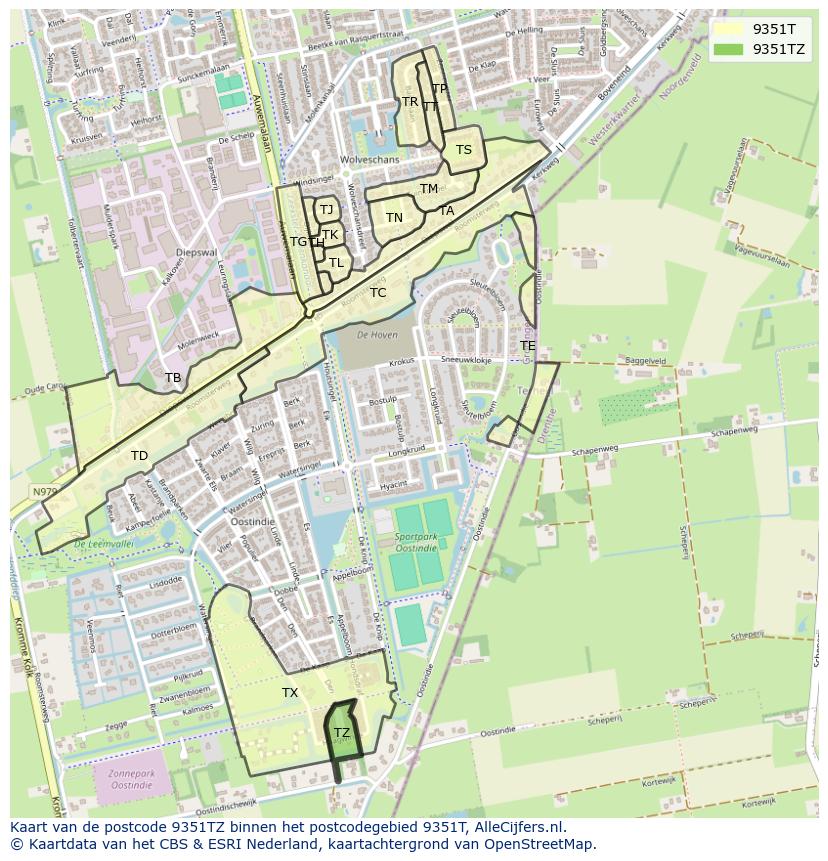 Afbeelding van het postcodegebied 9351 TZ op de kaart.