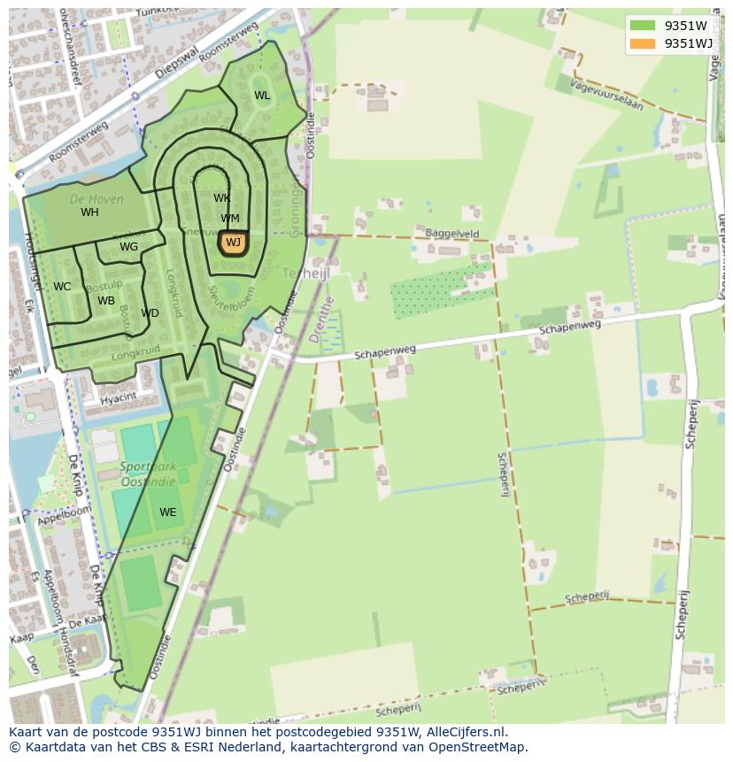 Afbeelding van het postcodegebied 9351 WJ op de kaart.