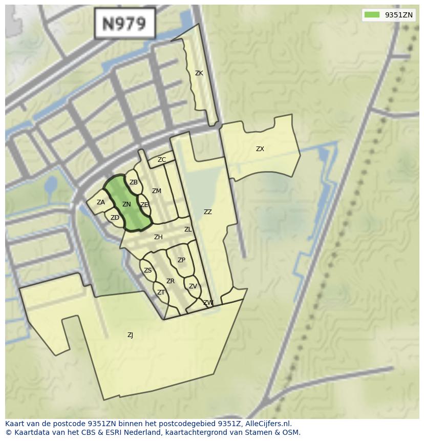 Afbeelding van het postcodegebied 9351 ZN op de kaart.