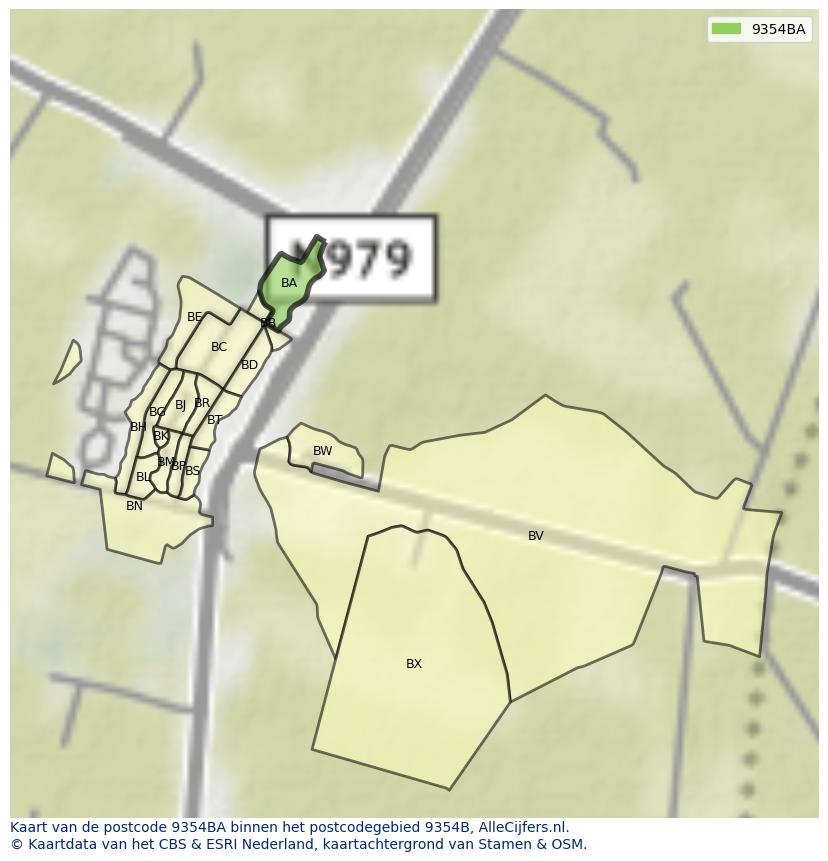 Afbeelding van het postcodegebied 9354 BA op de kaart.