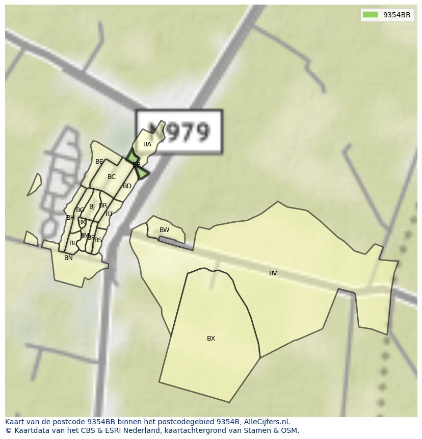 Afbeelding van het postcodegebied 9354 BB op de kaart.