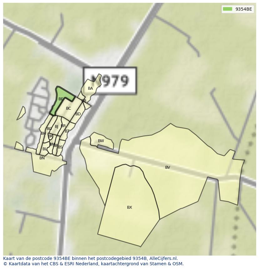 Afbeelding van het postcodegebied 9354 BE op de kaart.