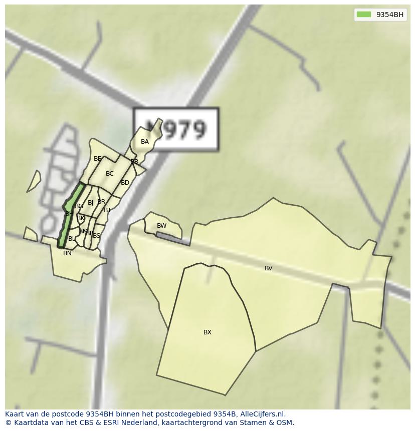 Afbeelding van het postcodegebied 9354 BH op de kaart.