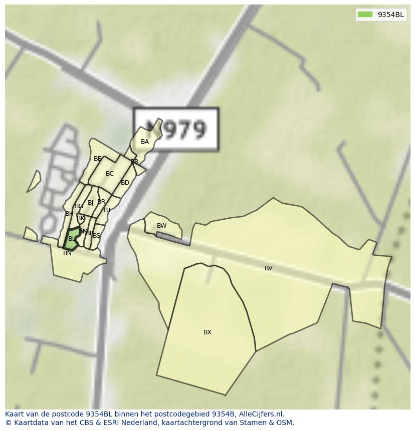 Afbeelding van het postcodegebied 9354 BL op de kaart.