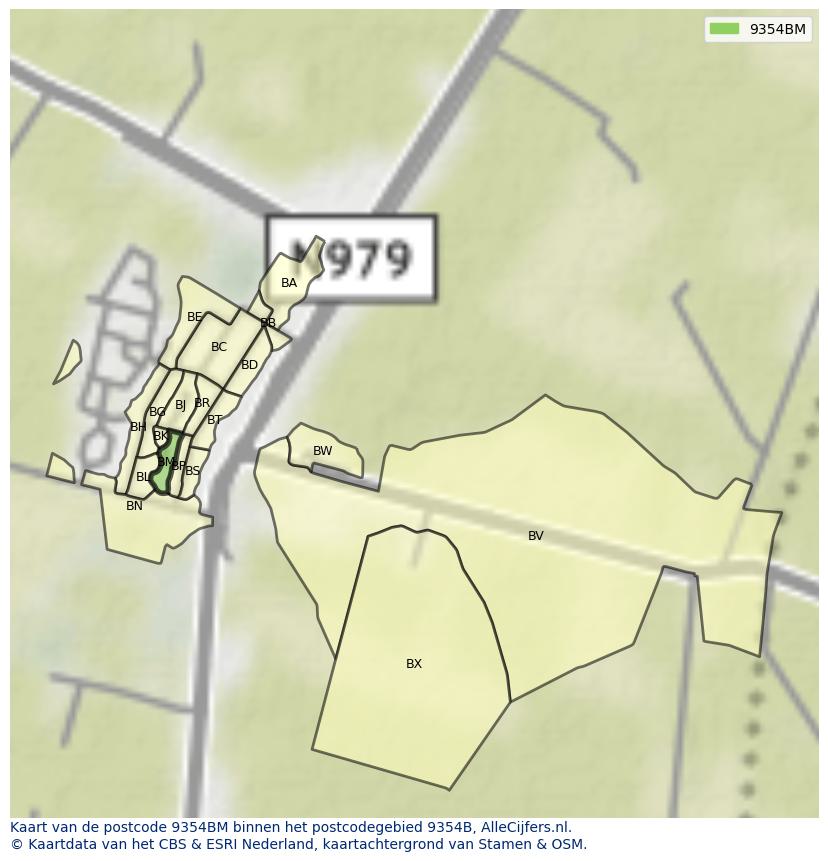 Afbeelding van het postcodegebied 9354 BM op de kaart.