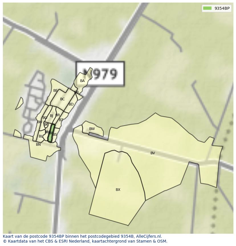 Afbeelding van het postcodegebied 9354 BP op de kaart.