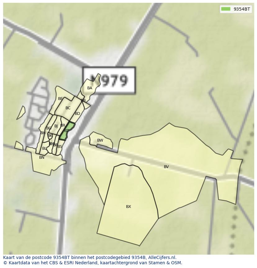 Afbeelding van het postcodegebied 9354 BT op de kaart.