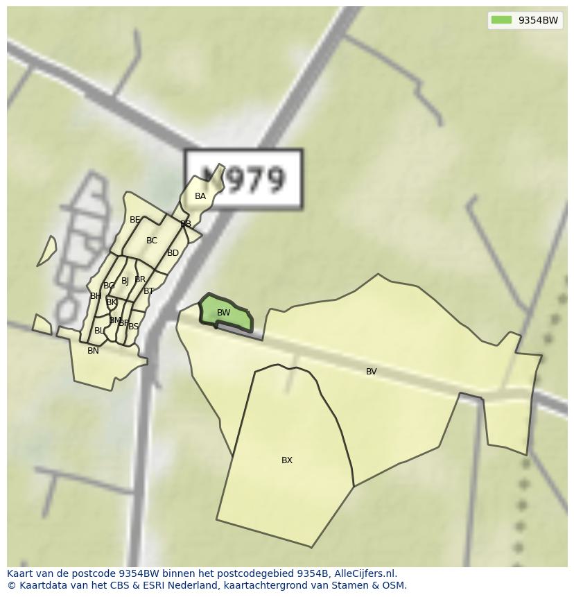 Afbeelding van het postcodegebied 9354 BW op de kaart.
