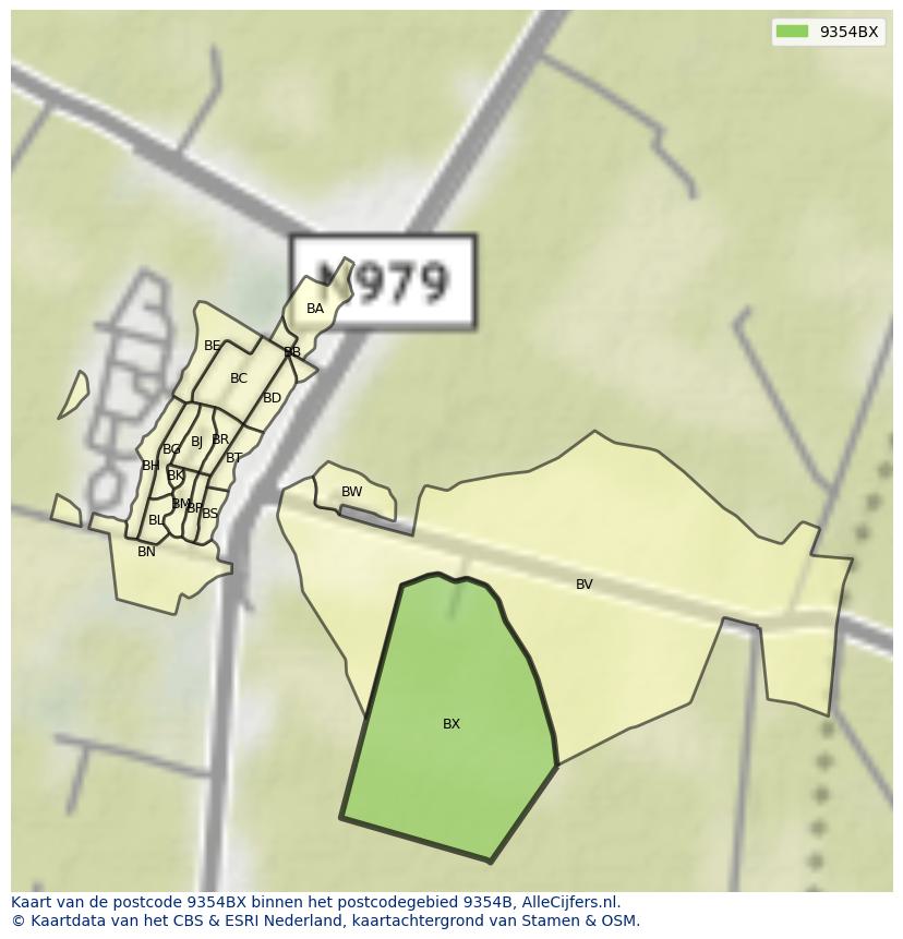 Afbeelding van het postcodegebied 9354 BX op de kaart.