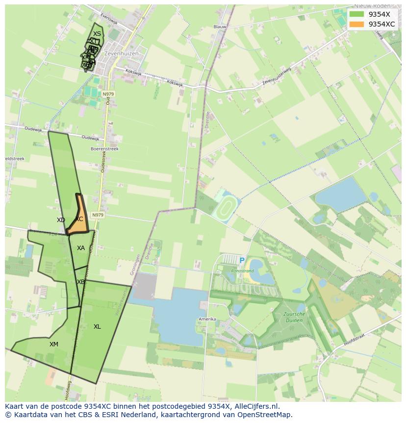 Afbeelding van het postcodegebied 9354 XC op de kaart.