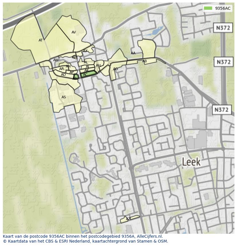 Afbeelding van het postcodegebied 9356 AC op de kaart.